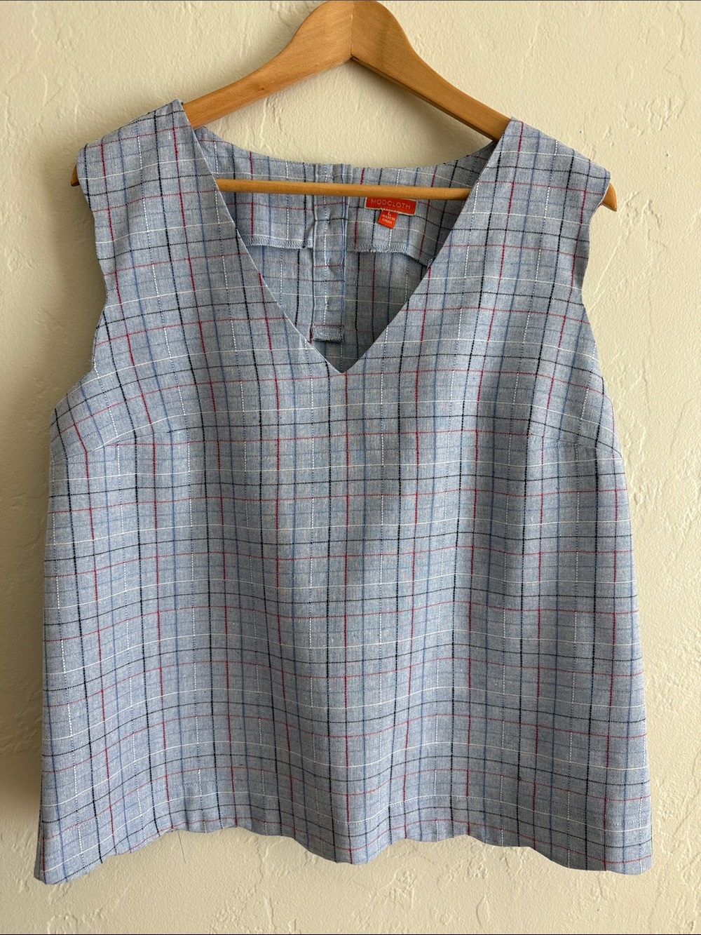 NWT Modcloth Light Blue Plaid Sleeveless V-Neck Top with Scalloped Trim